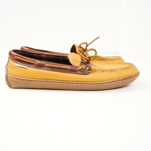 LL Bean Handsewn Moccasin Slippers Tan Men's Size 1OM Flannel Lined Leather